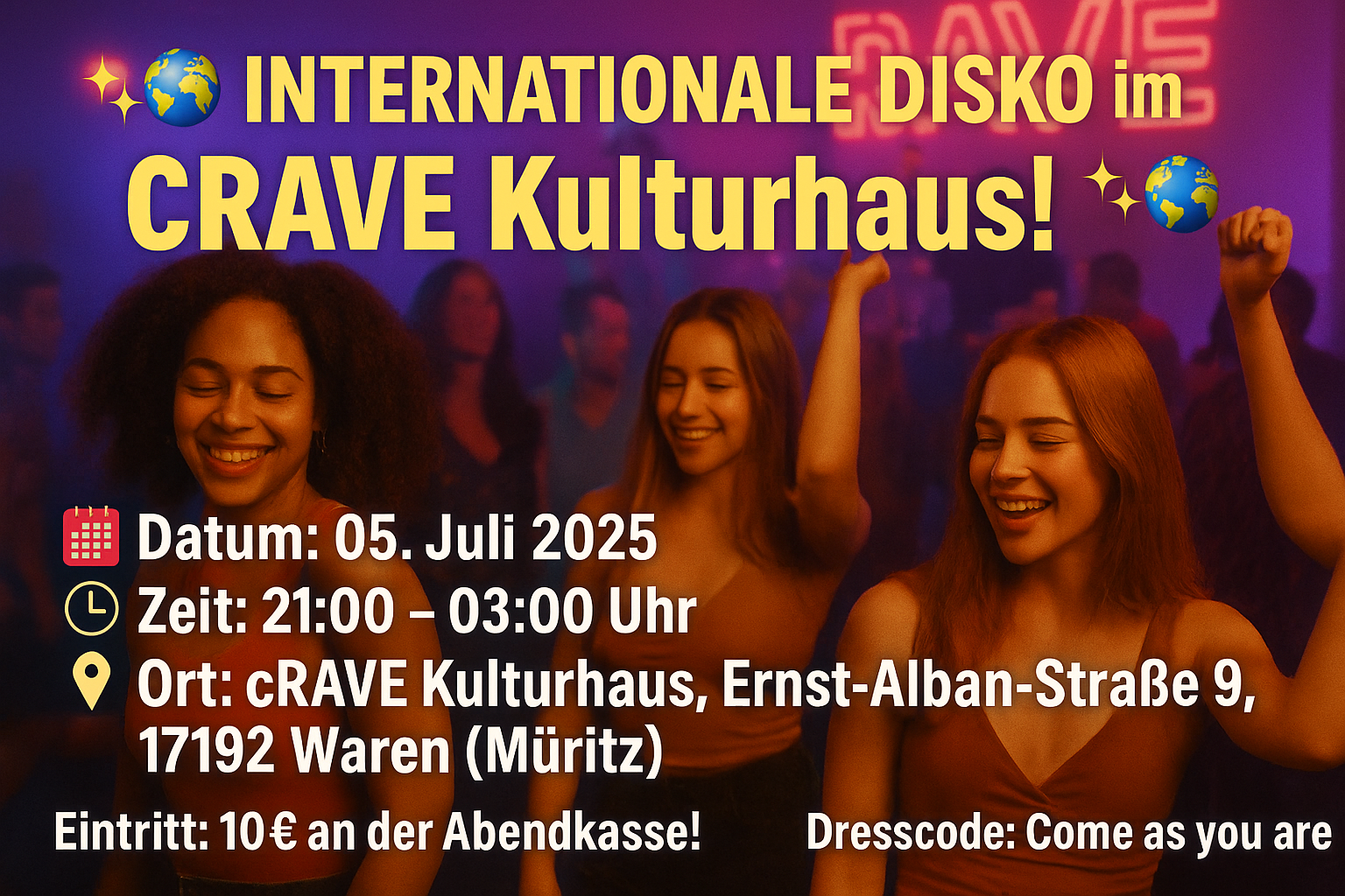 🌍✨ INTERNATIONALE DISKO im cRAVE Kulturhaus! ✨🌍