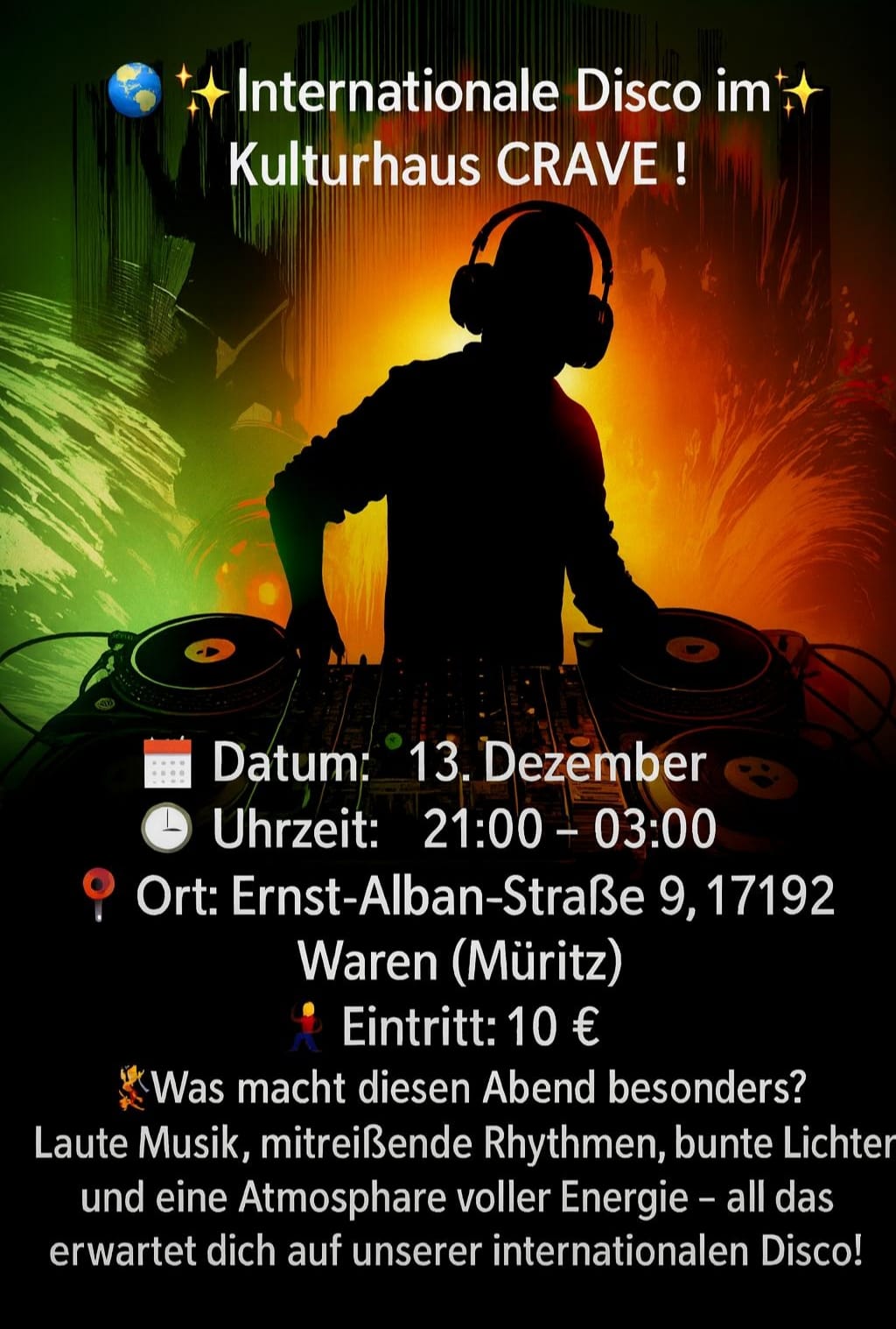🌍✨ Internationale Disco im cRAVE Kulturhaus! ✨🎧